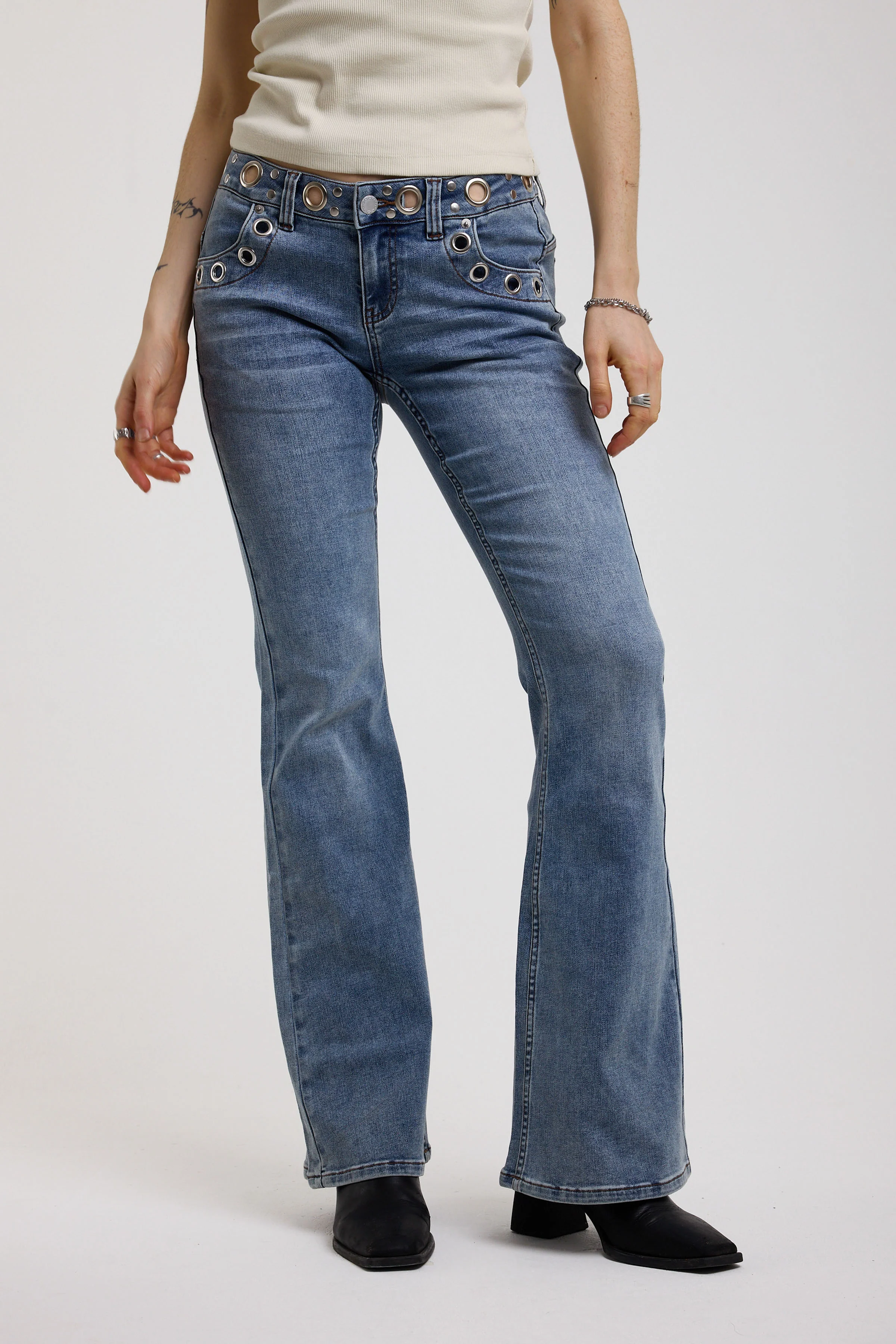 Grade Mid-Blue Low Rise Eyelet Flare Jeans - Image 5