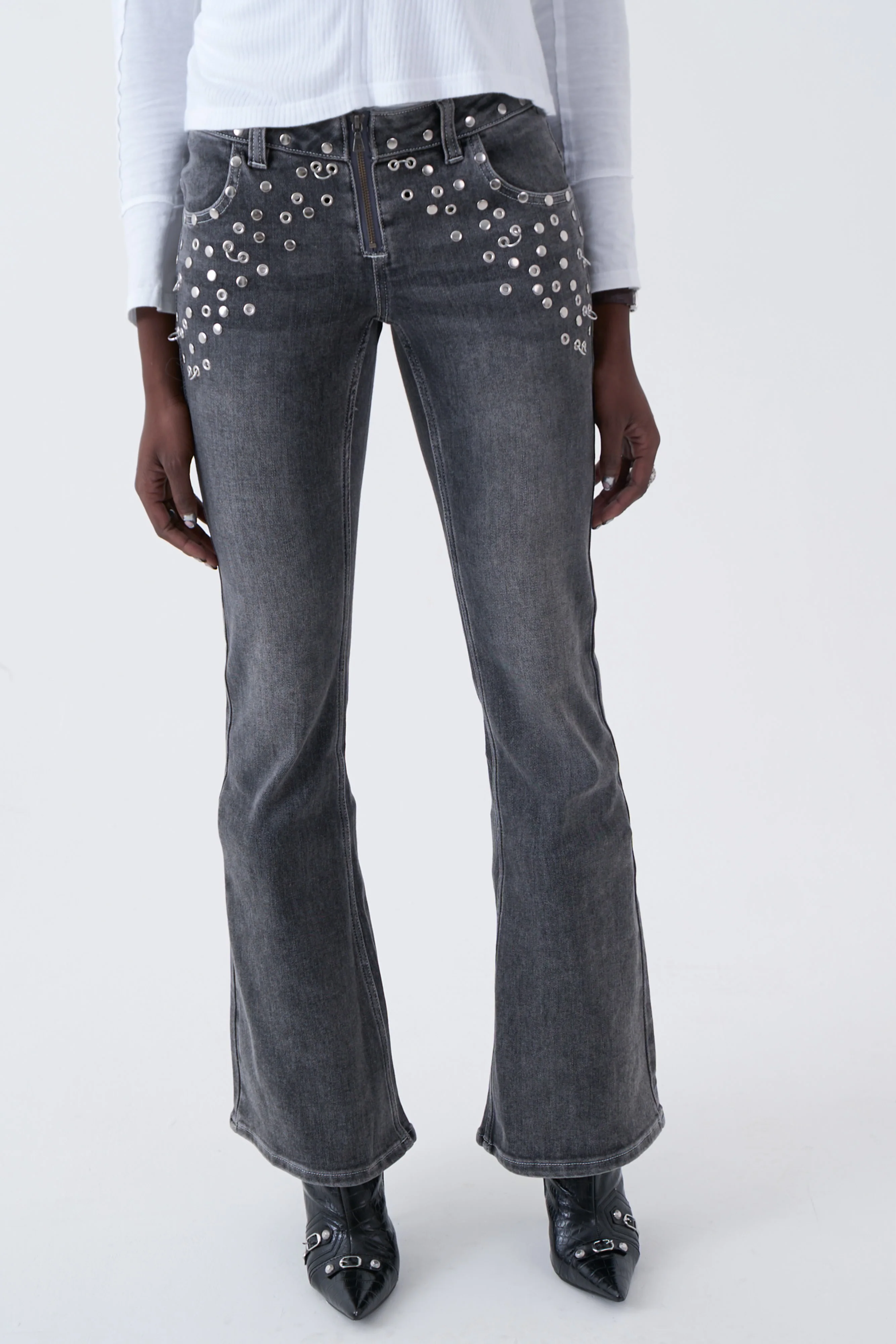 Locket Grey Studded Bootcut Flare Jeans - Image 3