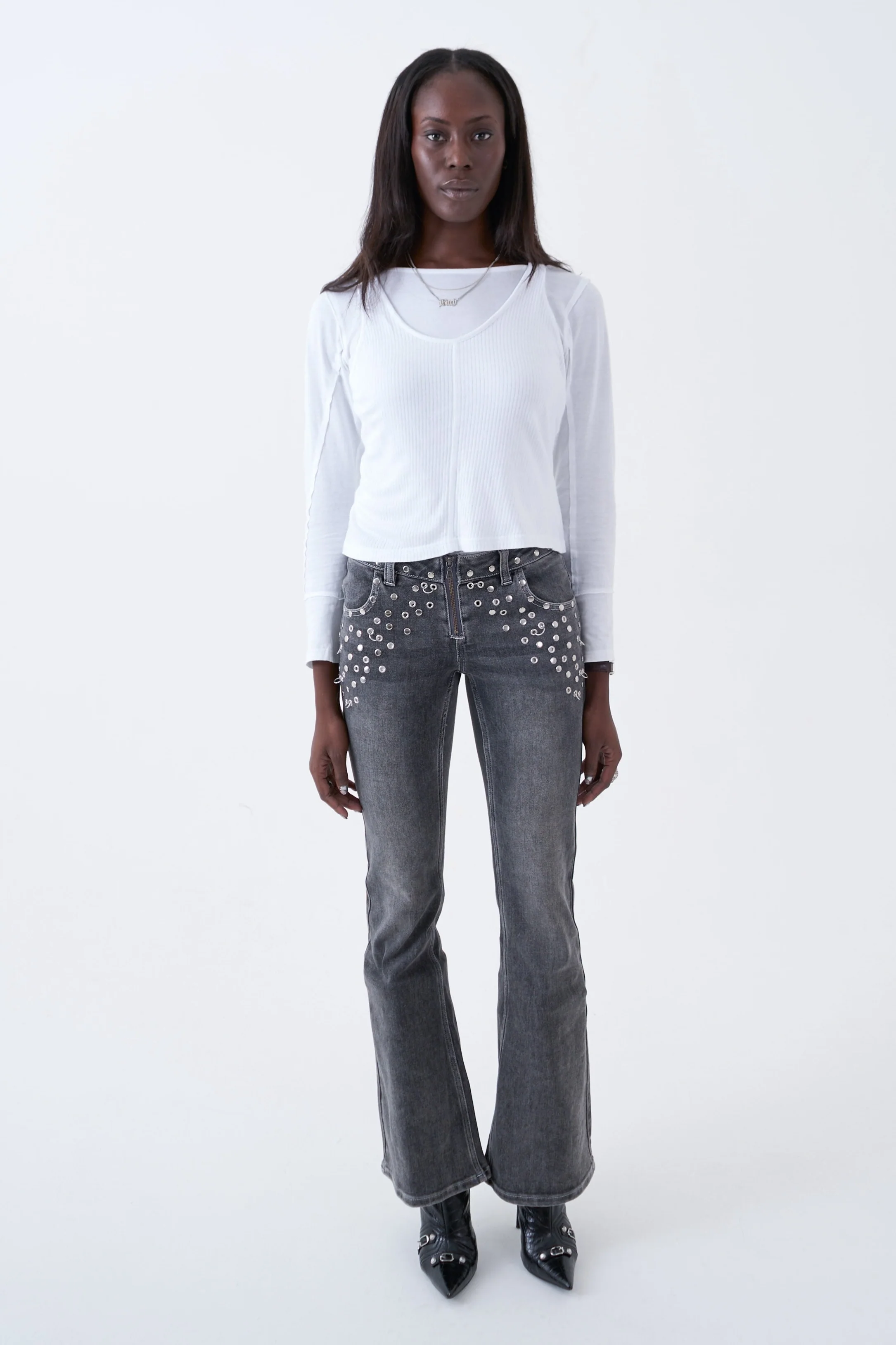 Locket Grey Studded Bootcut Flare Jeans - Image 4