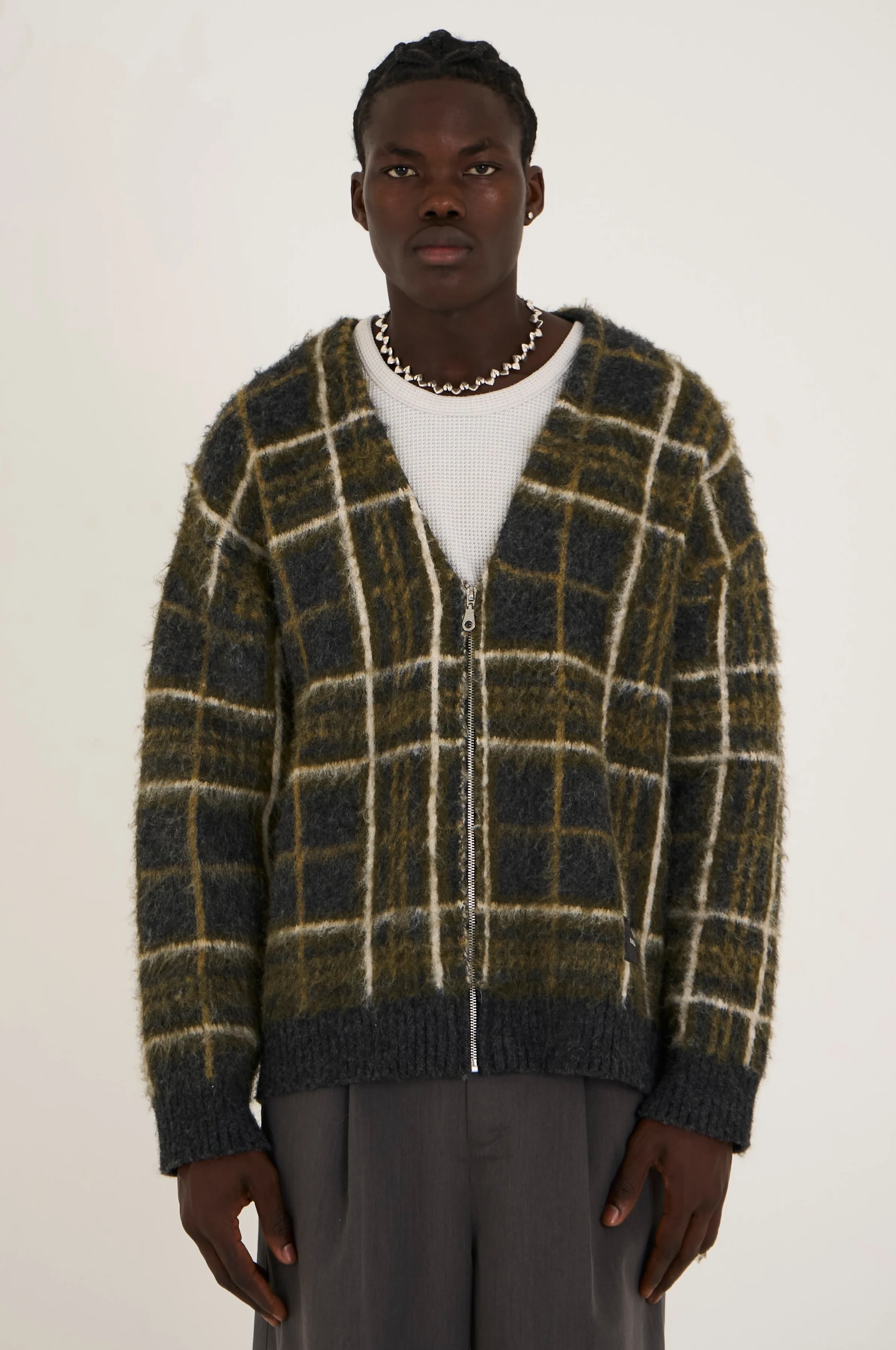 Shadow Fuzzy Check Knit Cardigan - Image 4