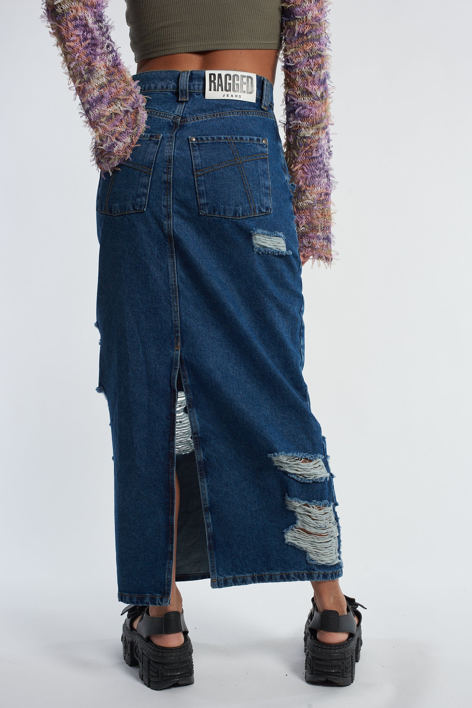 Shredder Distressed Denim Maxi Skirt - Image 8